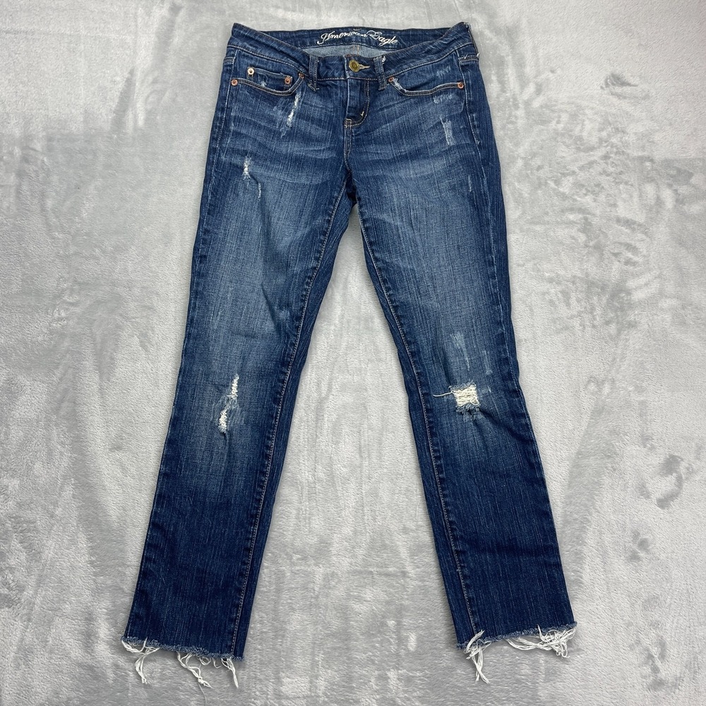 American Eagle Skinny 77 Jeans Women 4R (28x27) Blue Denim Distressed Frayed Hem